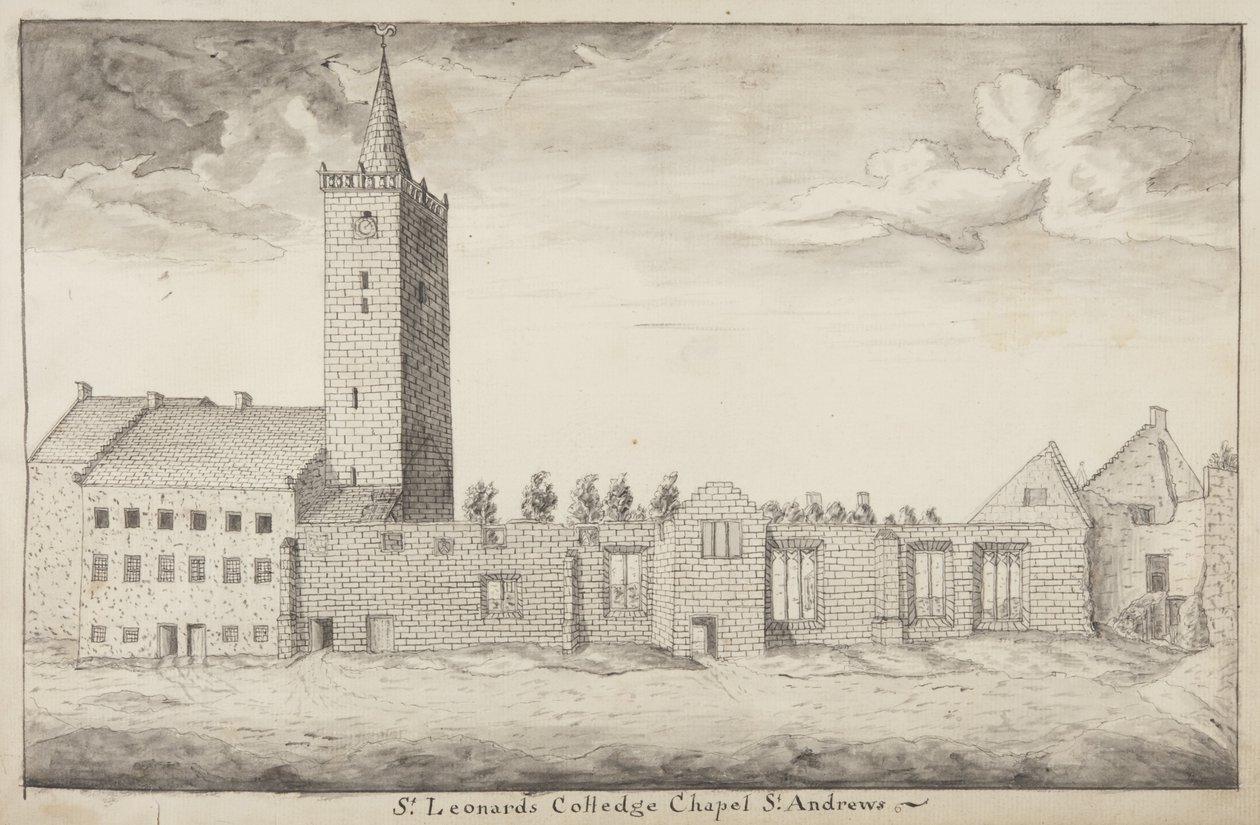 St Andrews Delineado - St Leonards Colledge Capela St Andrews (caneta e lavar no papel) de John Oliphant