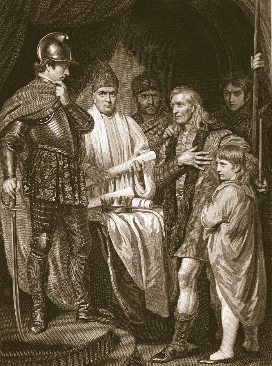 Baliol entrega sua coroa a Edward I, gravada por J. Parker, ilustração de "The History of England", de David Hume, pub. por R. Bowyer, Londres, 1812 de John Opie
