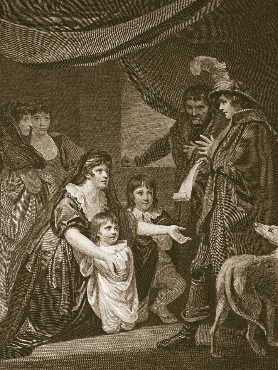Lady Elizabeth Grey implorando a Edward IV para proteger seus filhos, gravada por W. Bromley, ilustração de "The History of England", de David Hume. por R. Bowyer, Londres, 1812 de John Opie