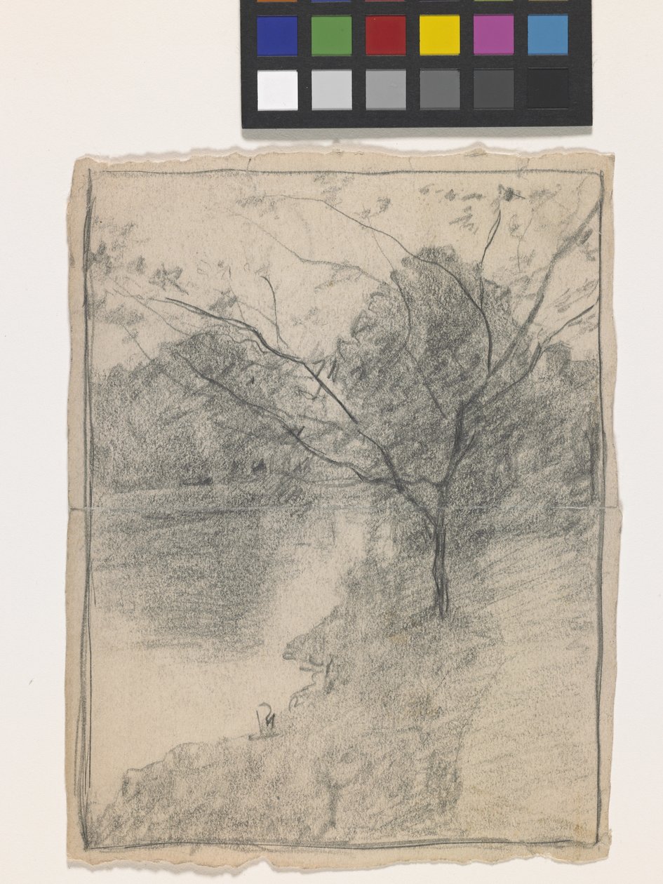 Árvore ao lado de um riacho (lápis em papel não branco) de John Otis Adams