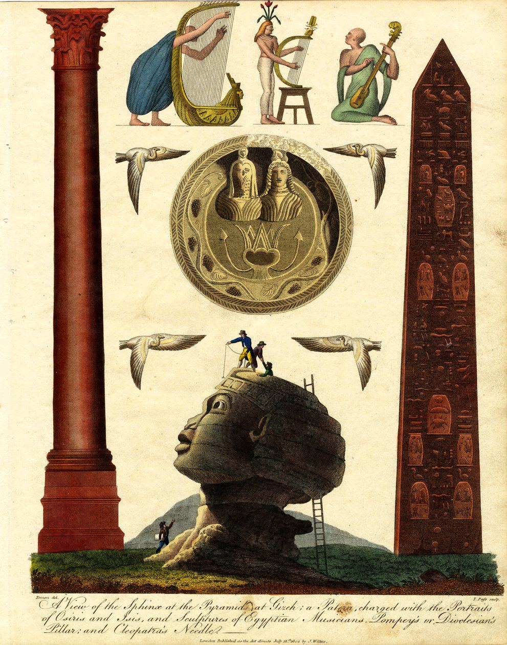 Vista da Esfinge nas Pirâmides de Gizeh: uma patera carregada com os retratos de Osíris e Ísis; e esculturas de músicos egípcios; o pilar de Pompeu ou Dioclesiano; e a agulha de Cleópatra de John Pass