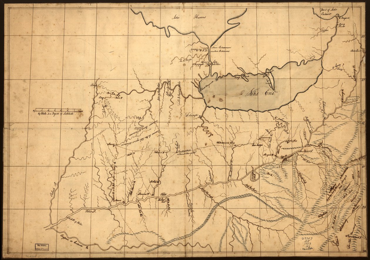 (Mapa de um comerciante da região de Ohio antes de 1753. LOC gm71002324 de John Patten