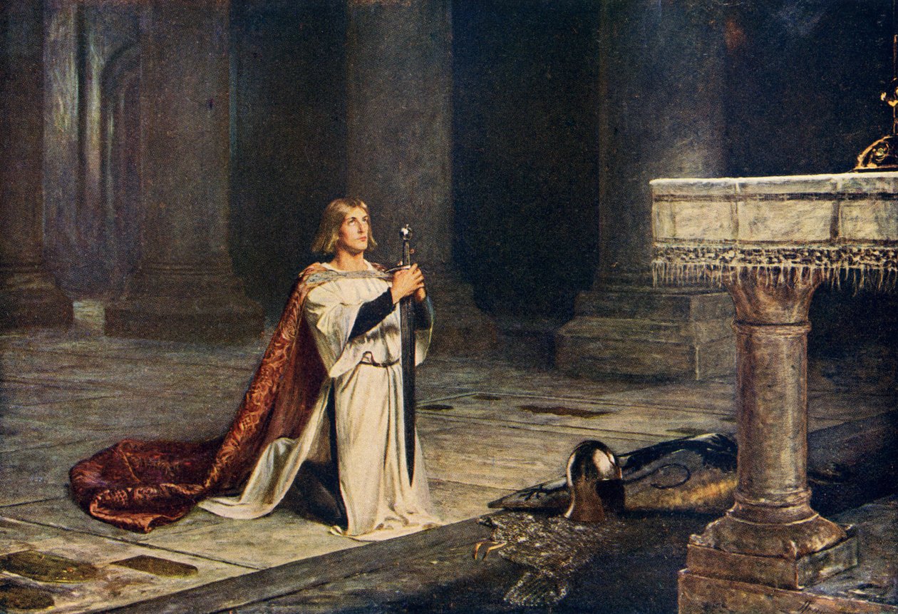 Cavaleiro aspirante vigiando as armas para entrar na cavalaria, ilustração de &39;Romance e lenda da cavalaria&39; de AR Hope Moncrieff de John Pettie