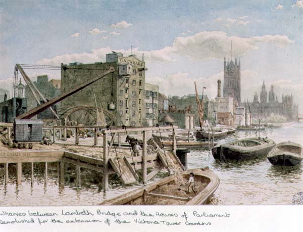 Vista Riverside dos Cais entre a Ponte de Lambeth e as Câmaras do Parlamento de John Phillipp Emslie