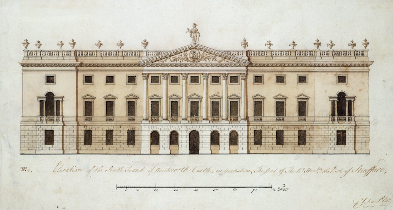 Castelo de Wentworth, projeto para a frente sul, c.1760 (caneta e tinta e aquarela sobre papel) de John Platt