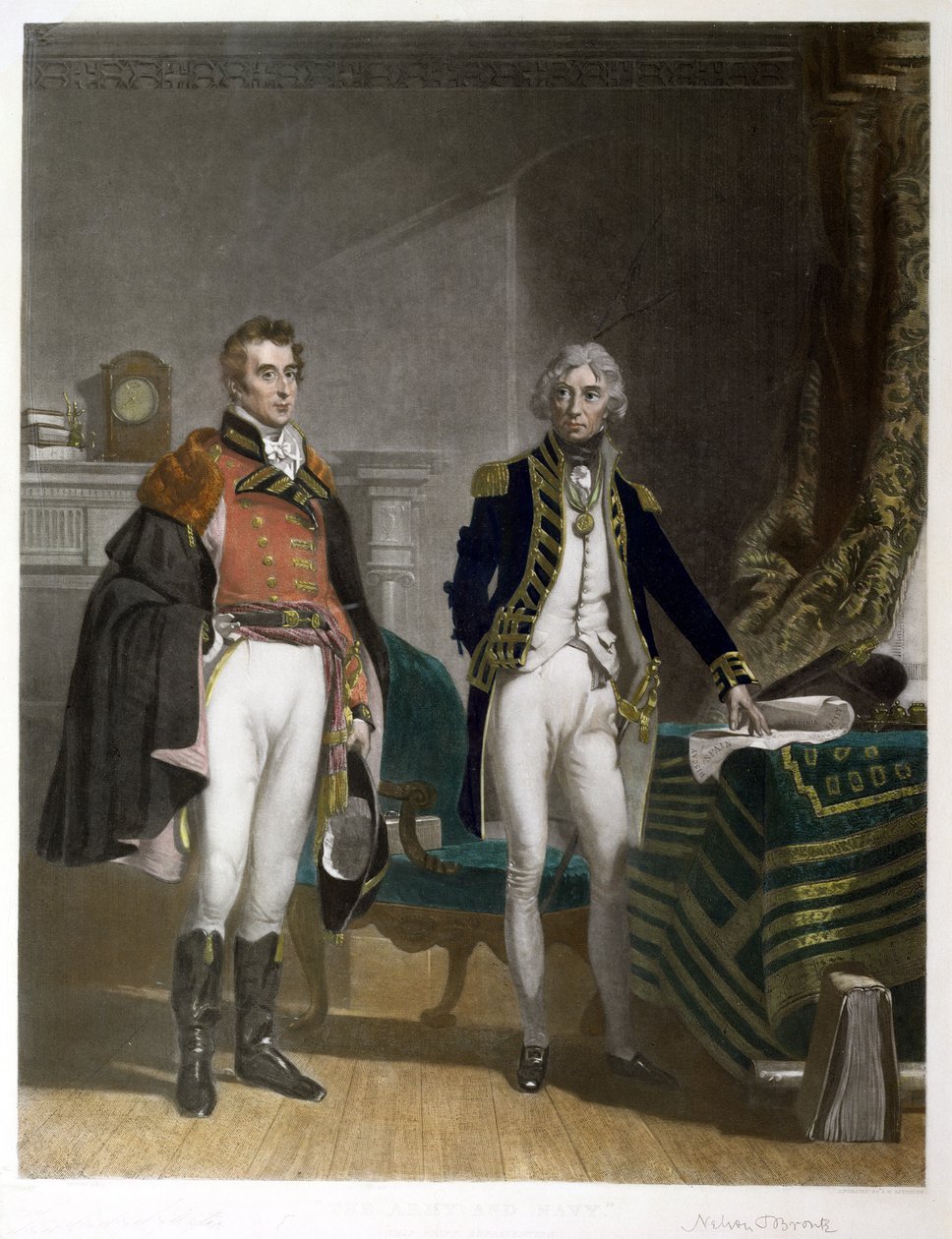 Uma reunião entre o Major-General Sir Arthur Wellesley e o Vice-Almirante Horatio Nelson, Setembro de 1805, gravada por Samuel William Reynolds (1794-1872), pub. por A.J. Isaacs de John Prescott (after) Knight