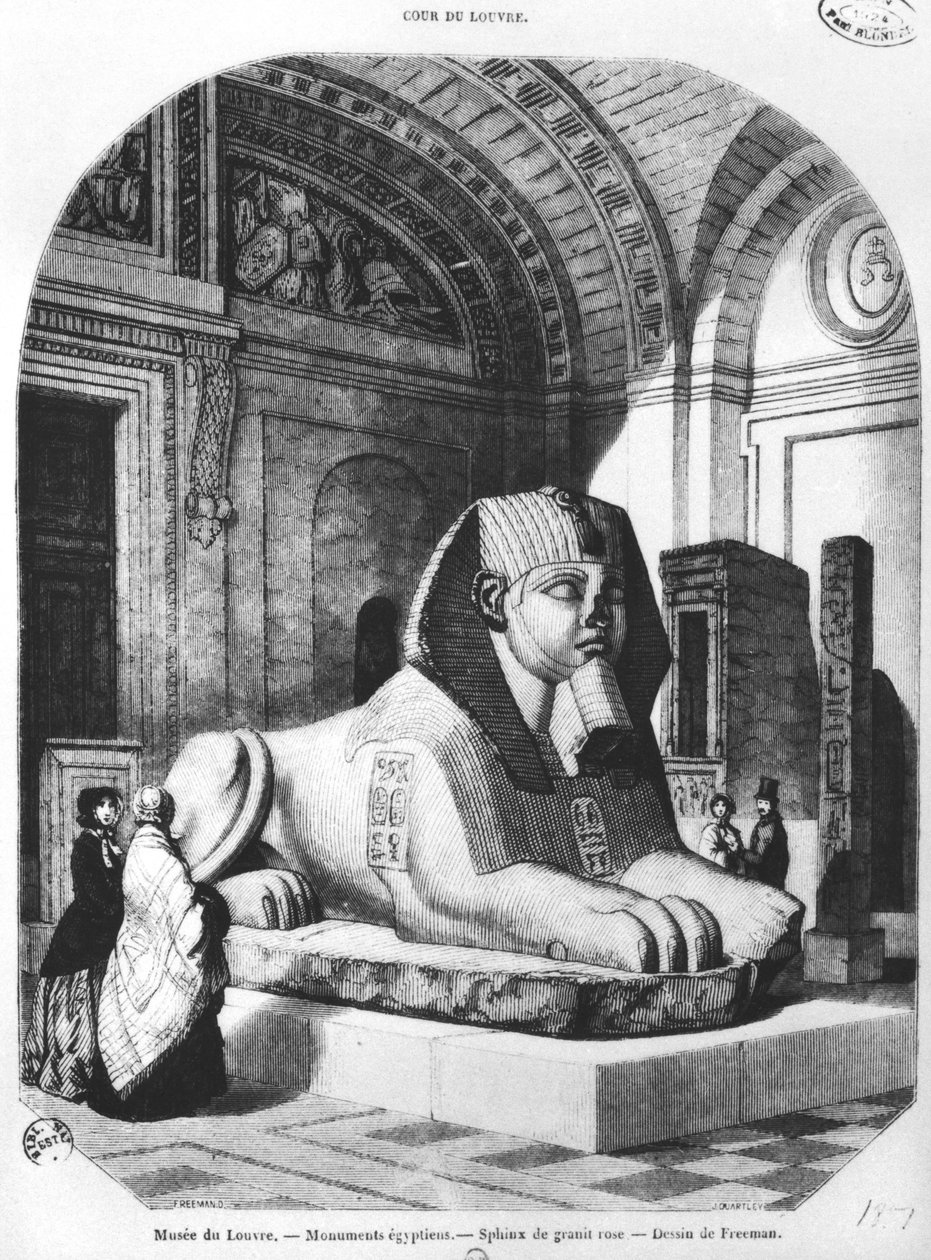 A Esfinge de granito rosa nos quartos egípcios no Museu do Louvre, ilustração de &39;Le Magasin Pittoresque&39;, depois de um desenho de Freeman, de julho de 1851 de John Quartley