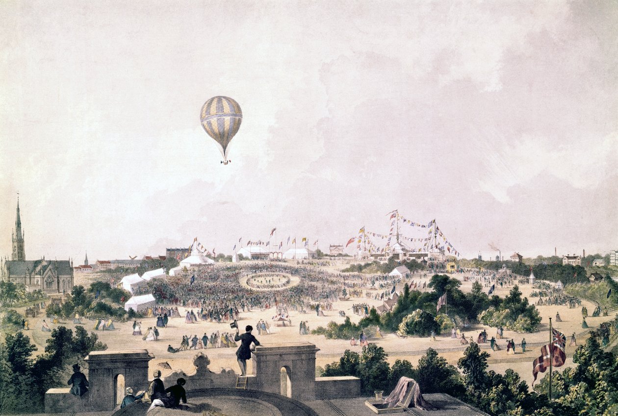 Um balão de ar quente sobre Fancy Fair, Princess Park, Liverpool, agosto de 1849 de John R. Isaac