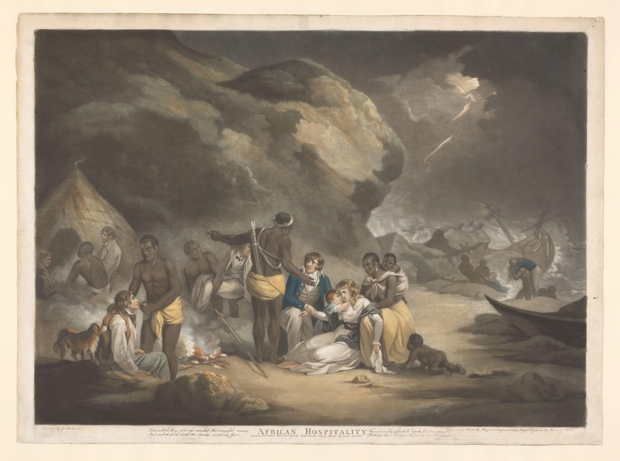 Povos africanos ajudam náufragos britânicos Hospitalidade Africana (título no objeto) de John Raphael Smith