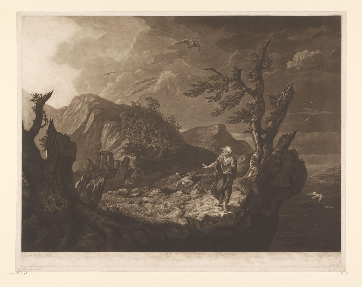 Paisagem tempestuosa com bardo à beira do penhasco de John Raphael Smith