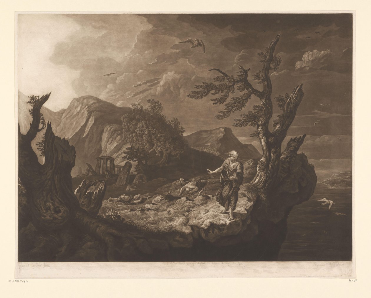 Paisagem tempestuosa com bardo à beira do penhasco de John Raphael Smith