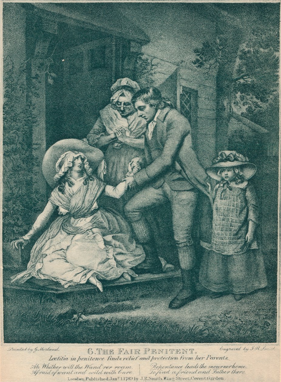 O justo penitente: Laetitia in Penitence encontra alívio e proteção de seus pais, 1789 de John Raphael Smith