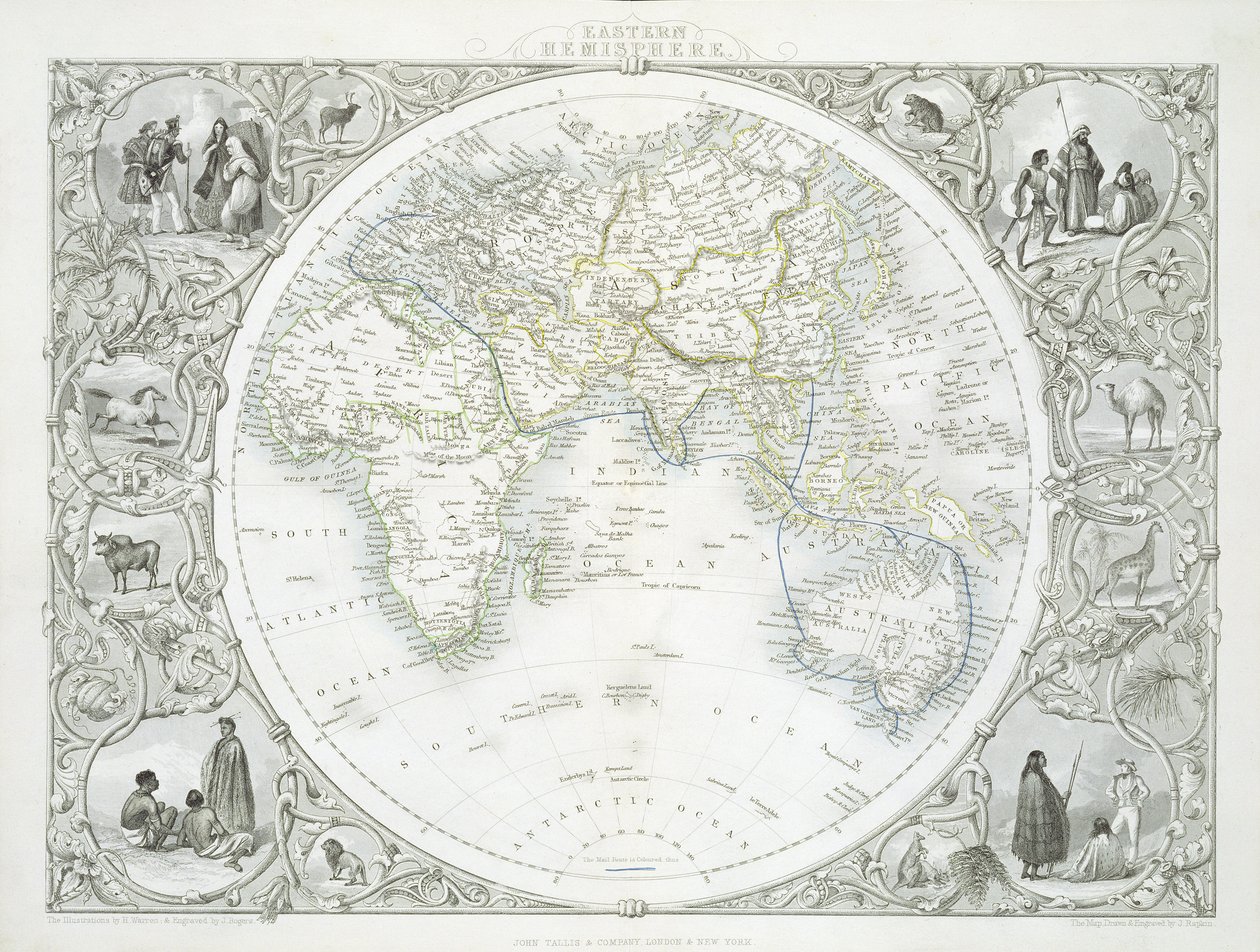 Hemisfério Oriental, de uma série de mapas mundiais publicada por John Tallis und Co., Nova York e Londres, década de 1850 de John Rapkin