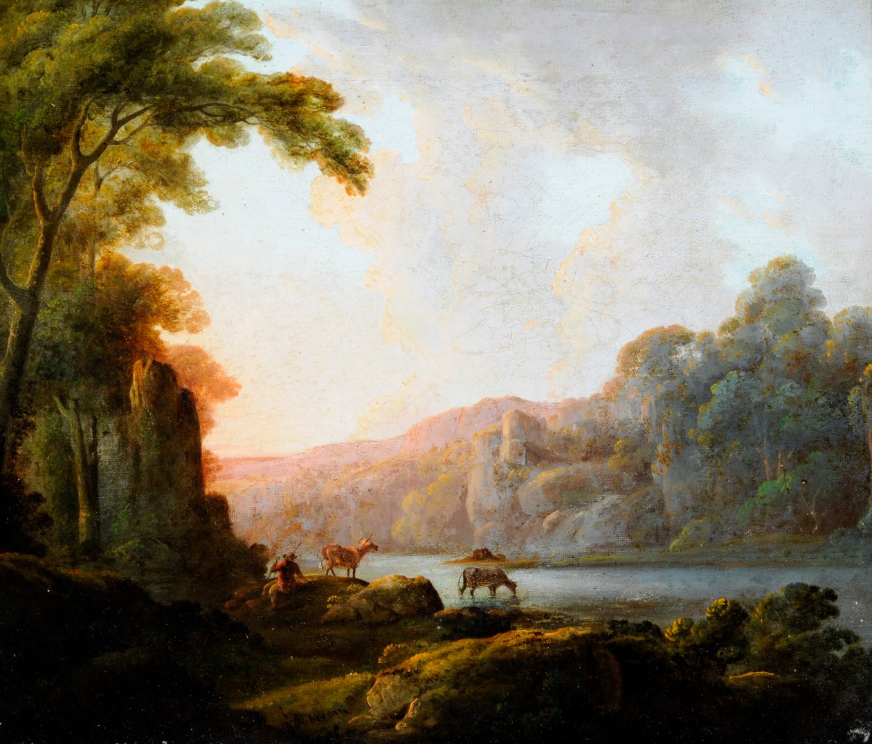 Cena à beira do lago com gado (óleo sobre tela) de John Rathbone