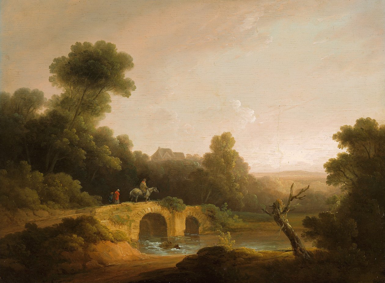 Paisagem com figuras a atravessar uma ponte de John Rathbone