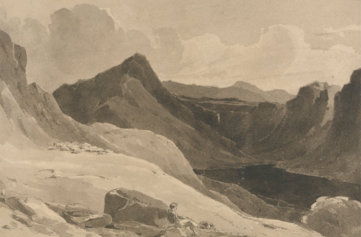 Uma paisagem de montanha com um Pastor de John Renton