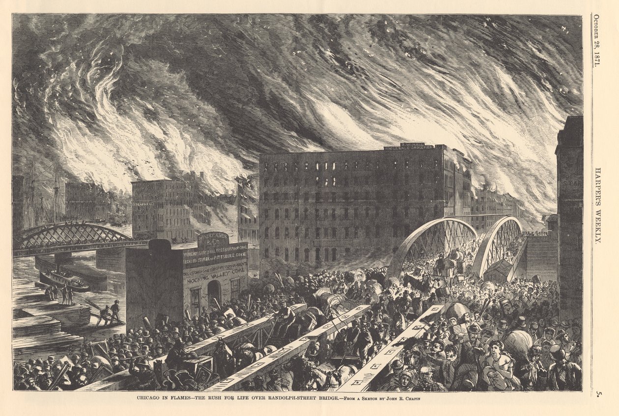 Chicago em chamas - a corrida pela vida sobre a Randolph Street Bridge, ilustração da Harpers Weekly, 1871 de John Reuben after Chapin