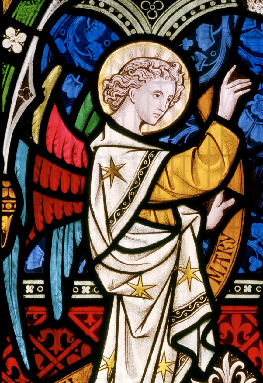 Maulden, St Mary, janela do leste, detalhe, Clayton & Bell, John Richard Clayton (1827-1913), anjo, detalhe, Christ na majestade, c.1859 Mary de John Richard Clayton