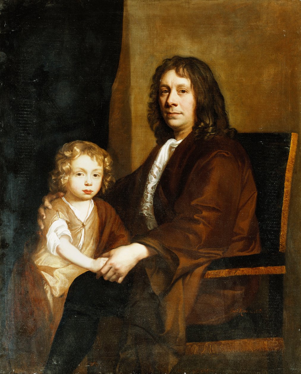 Retrato de Thomas Rowe e seu filho, sentado a três quartos, o antigo em um vestido marrom, o último em um vestido e envoltório marrom, de John Riley