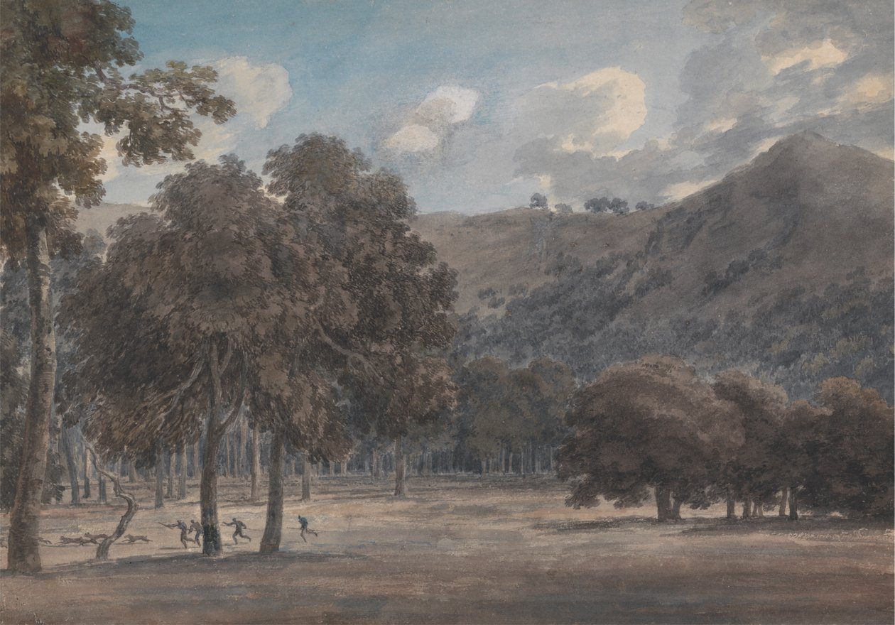 Il Parco degli Astroni - O fundo da cratera arborizada com caça em progresso de John Robert Cozens