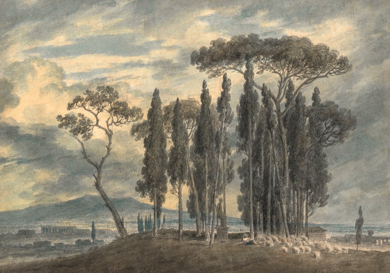 Nos Jardins da Villa Negroni em Roma (lápis e aguarela com arranhões) de John Robert Cozens
