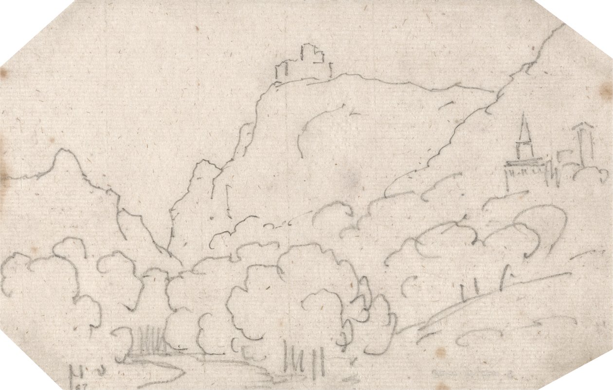 Vista de montanha com edifícios de John Robert Cozens