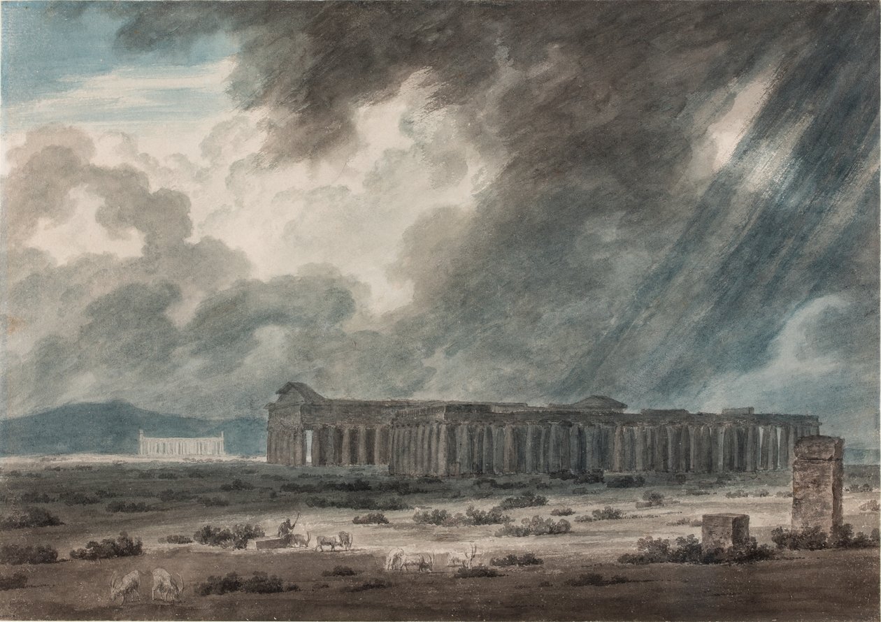 Ruínas de Paestum, perto de Salerno: Os Três Templos, c.1792 (aguarela, tinta e lápis sobre papel) de John Robert Cozens