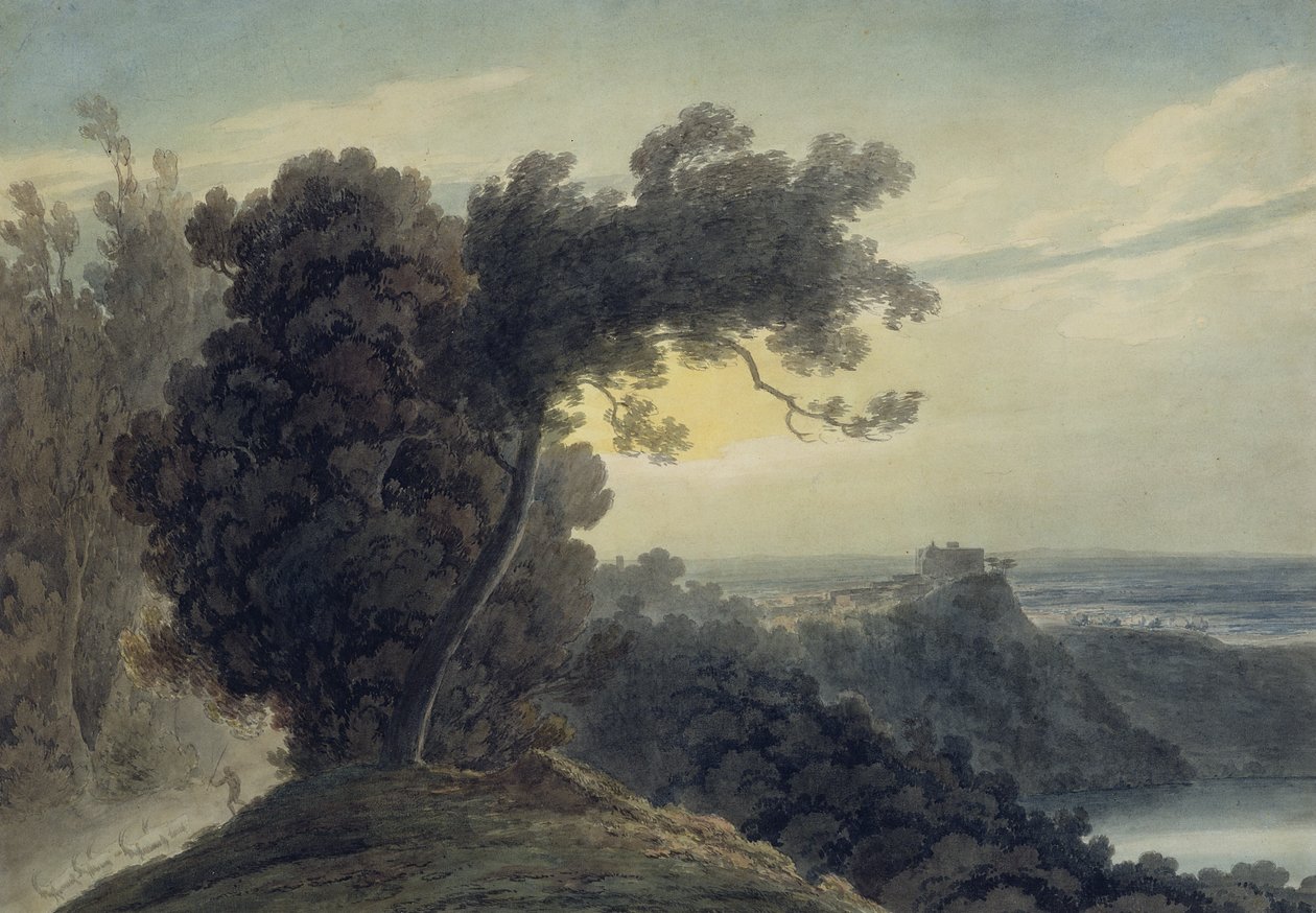 O Lago de Albano e o Castelo Gandolfo, c.1783-85 (grafite e aquarela sobre papel tecido) (ver também 252095) de John Robert Cozens