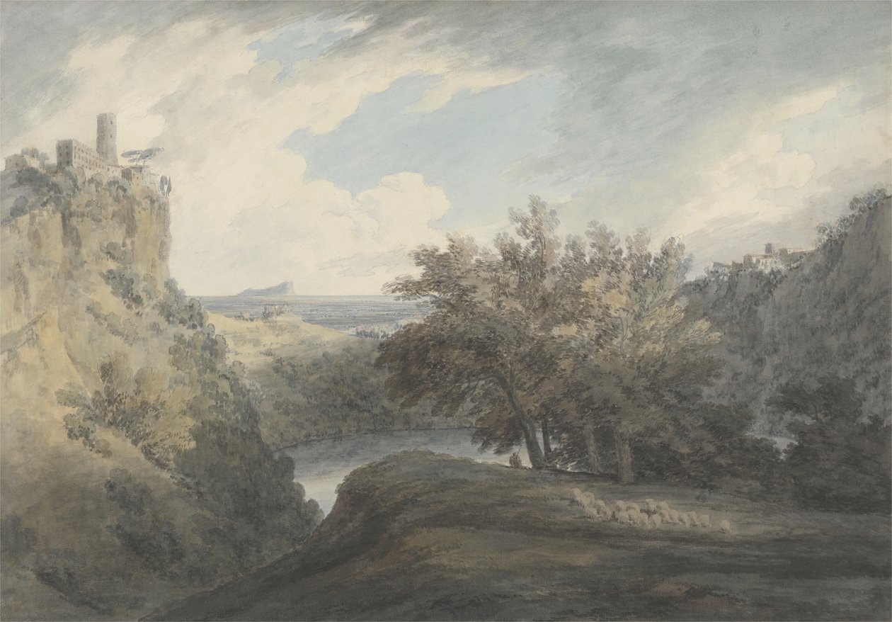 O Lago de Nemi, c.1783-85 (grafite e aquarela sobre papel tecido) de John Robert Cozens