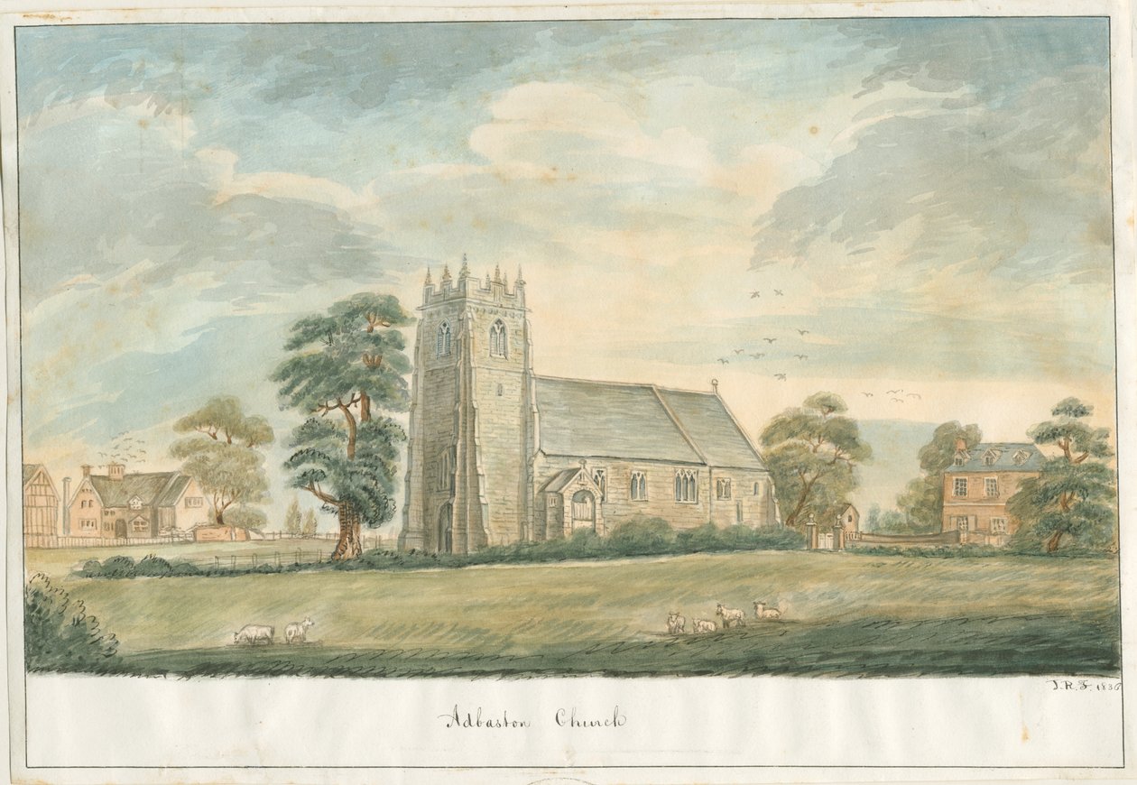Igreja de Adbaston: desenho de caneta e lavagem, 1836 de John Robert Fernyhough