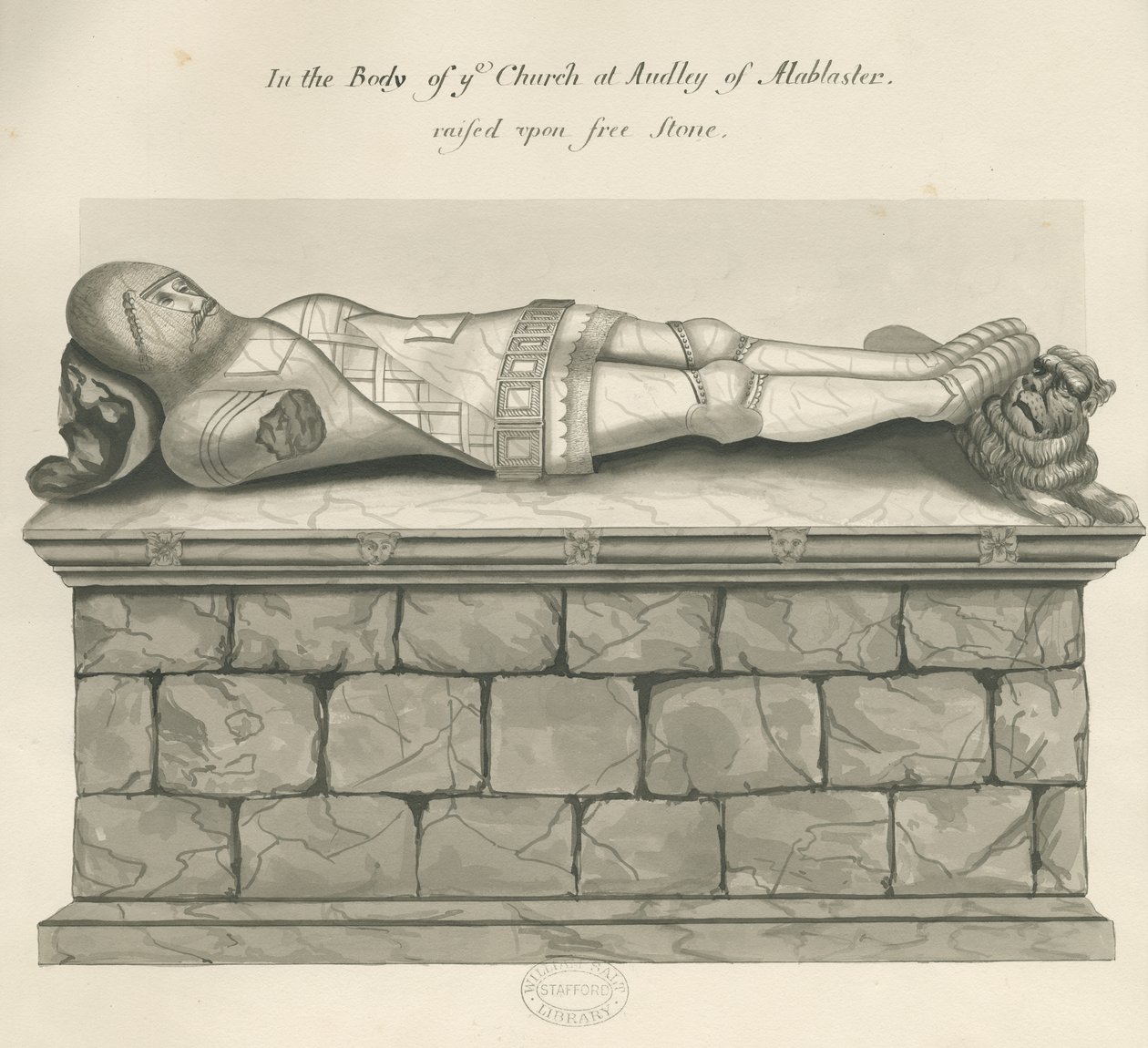 Monumentos de Audley - "Audley Knight": desenho a caneta e lavagem, séc. de John Robert Fernyhough