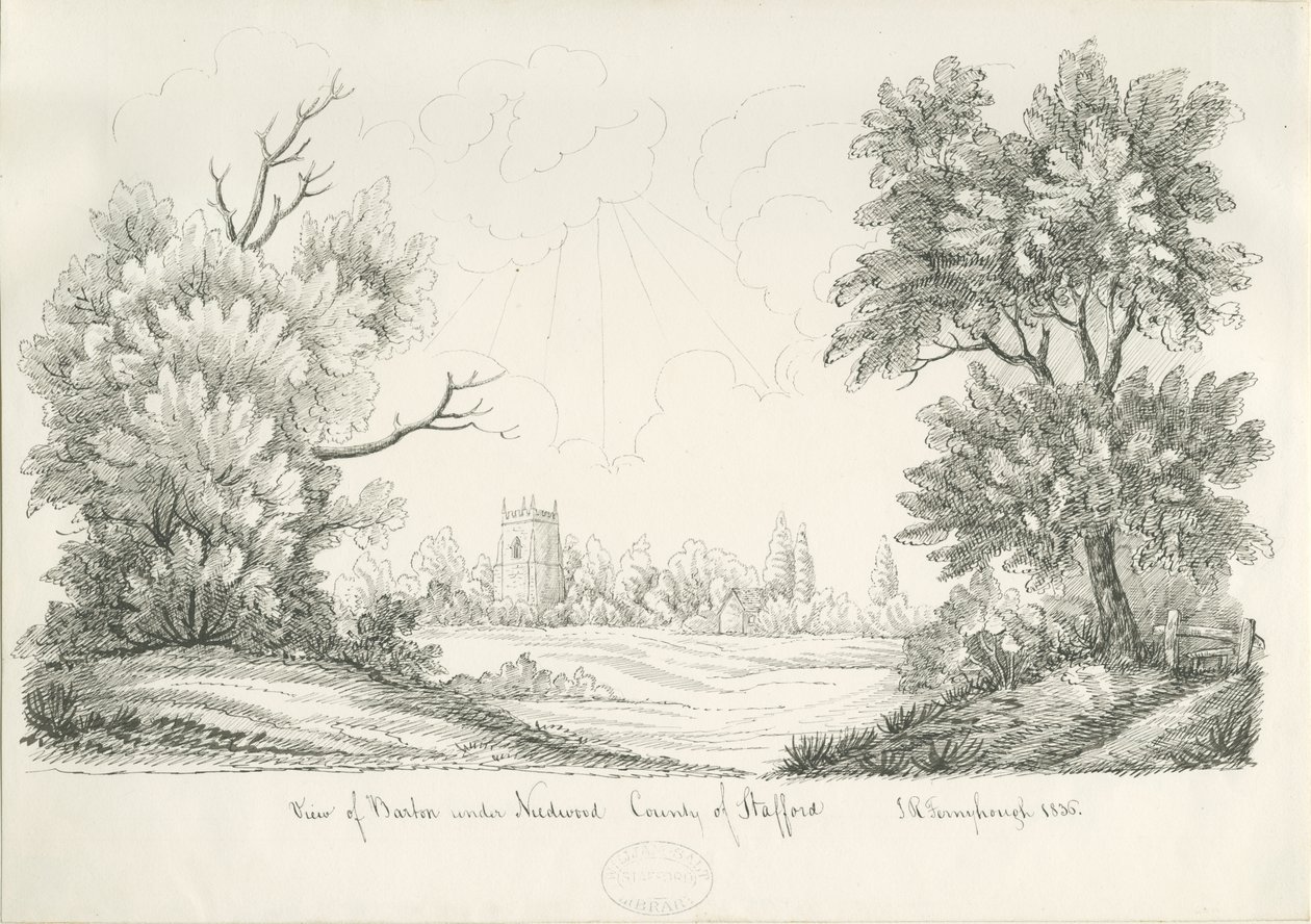 Barton under Needwood Village: desenho a caneta e tinta, 1836 de John Robert Fernyhough