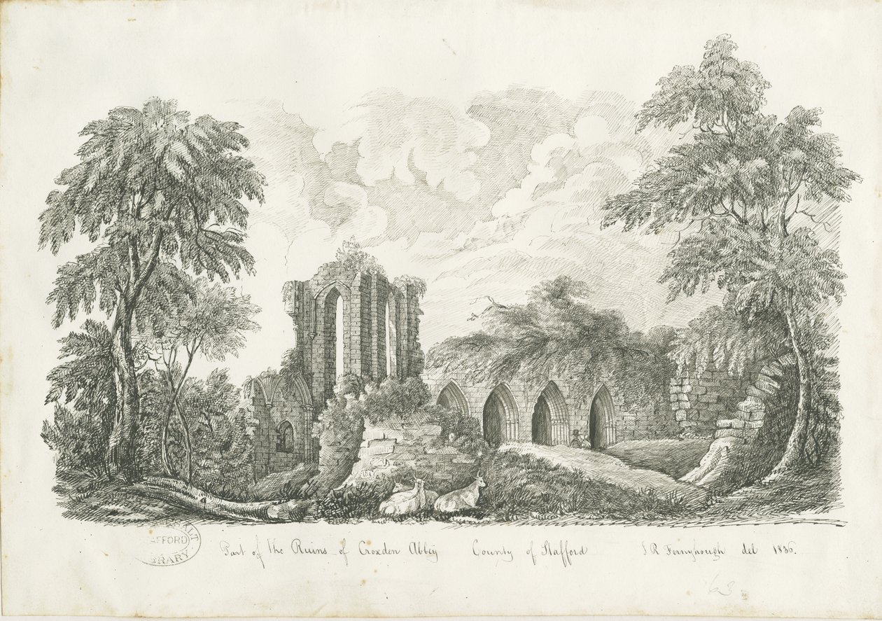 Croxden Abbey: desenho a tinta e caneta de John Robert Fernyhough