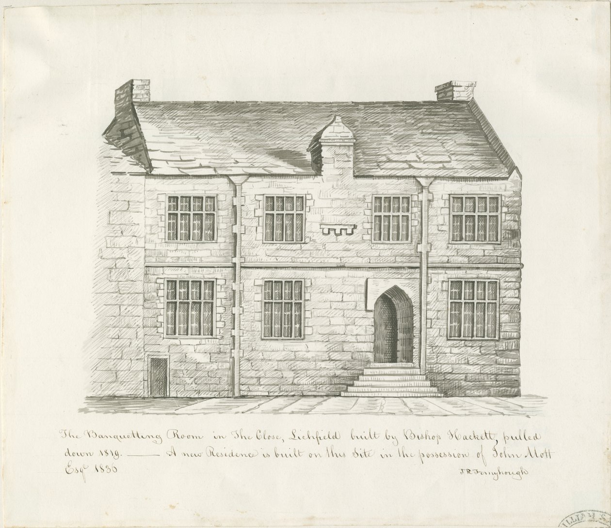 Lichfield - Sala de banquete no The Close: desenho de lavado sépia, nd [início do século XIX] (desenho) de John Robert Fernyhough