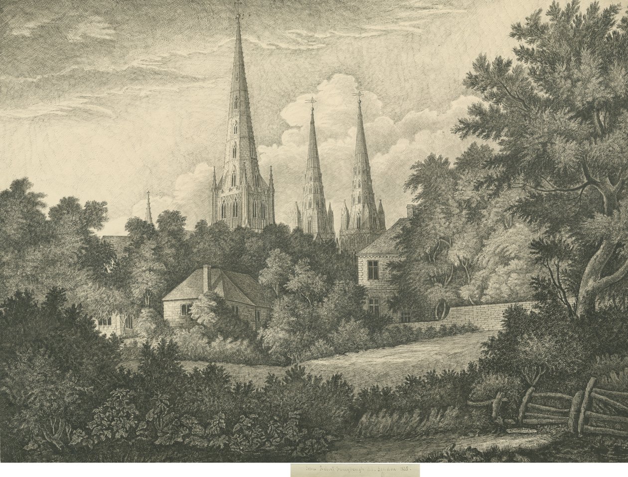 Catedral de Lichfield - North East Vista: desenho a caneta e tinta, 1835 de John Robert Fernyhough