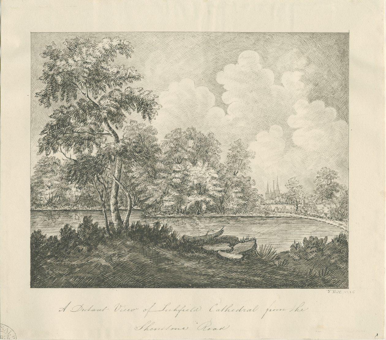 Catedral de Lichfield - Vista Oeste Sudoeste (distante): desenho a caneta de John Robert Fernyhough