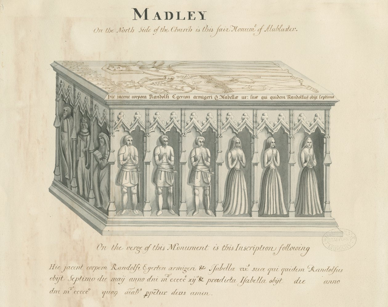 Igreja Madeley - Monumento a Randolf Egerton: desenho com caneta e tinta lavada, nd [19 cêntimos] (desenho) de John Robert Fernyhough