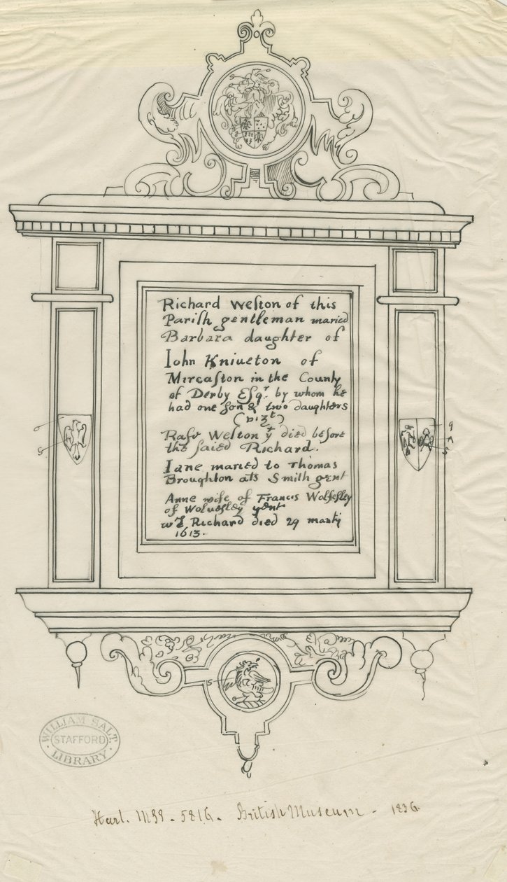 Igreja de Rugeley (Antiga) - Monumento a Richard Weston: traçado de caneta e tinta de John Robert Fernyhough
