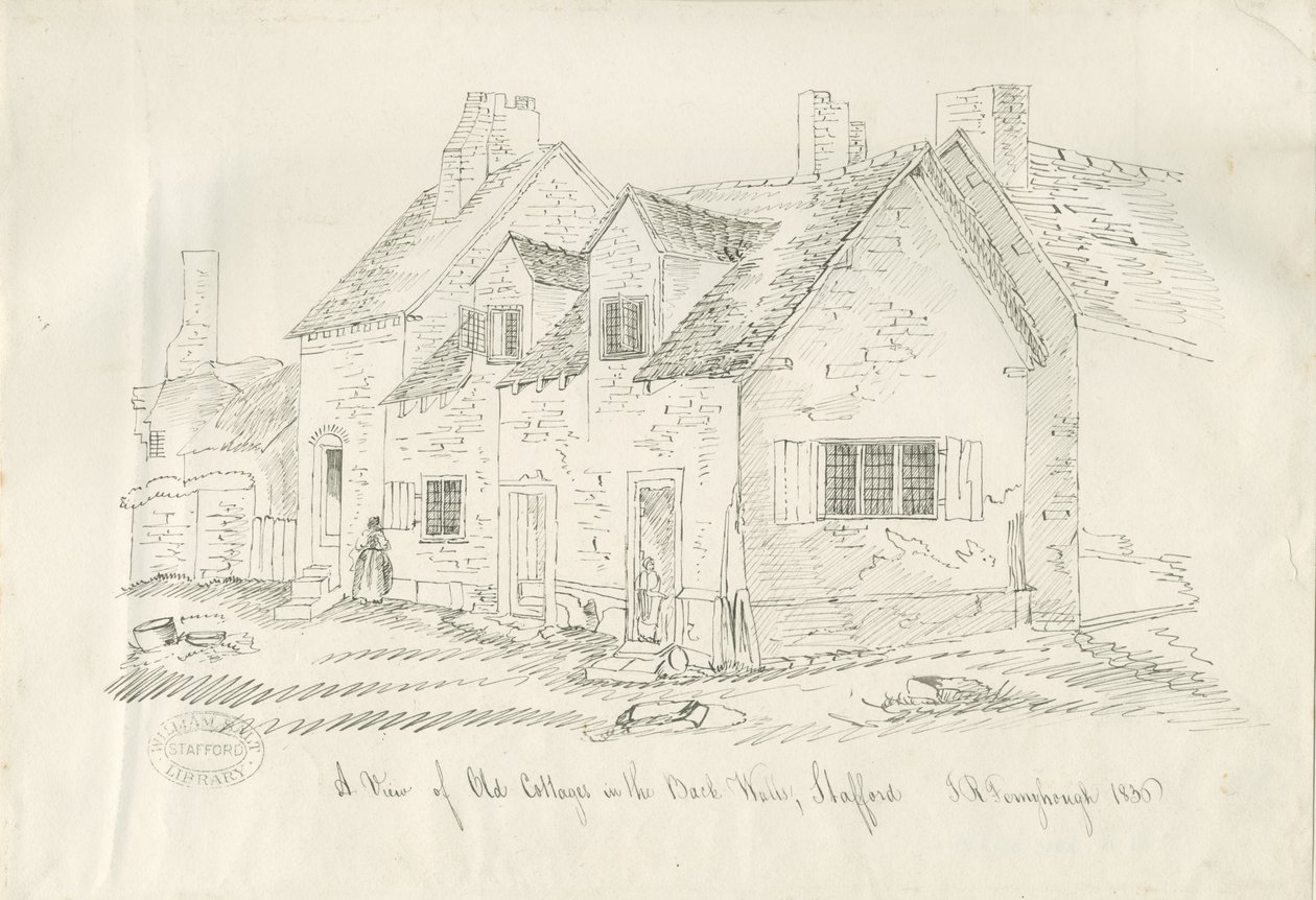 Stafford - Old Cottage in Back Walls: desenho a pena e tinta, 1836 de John Robert Fernyhough