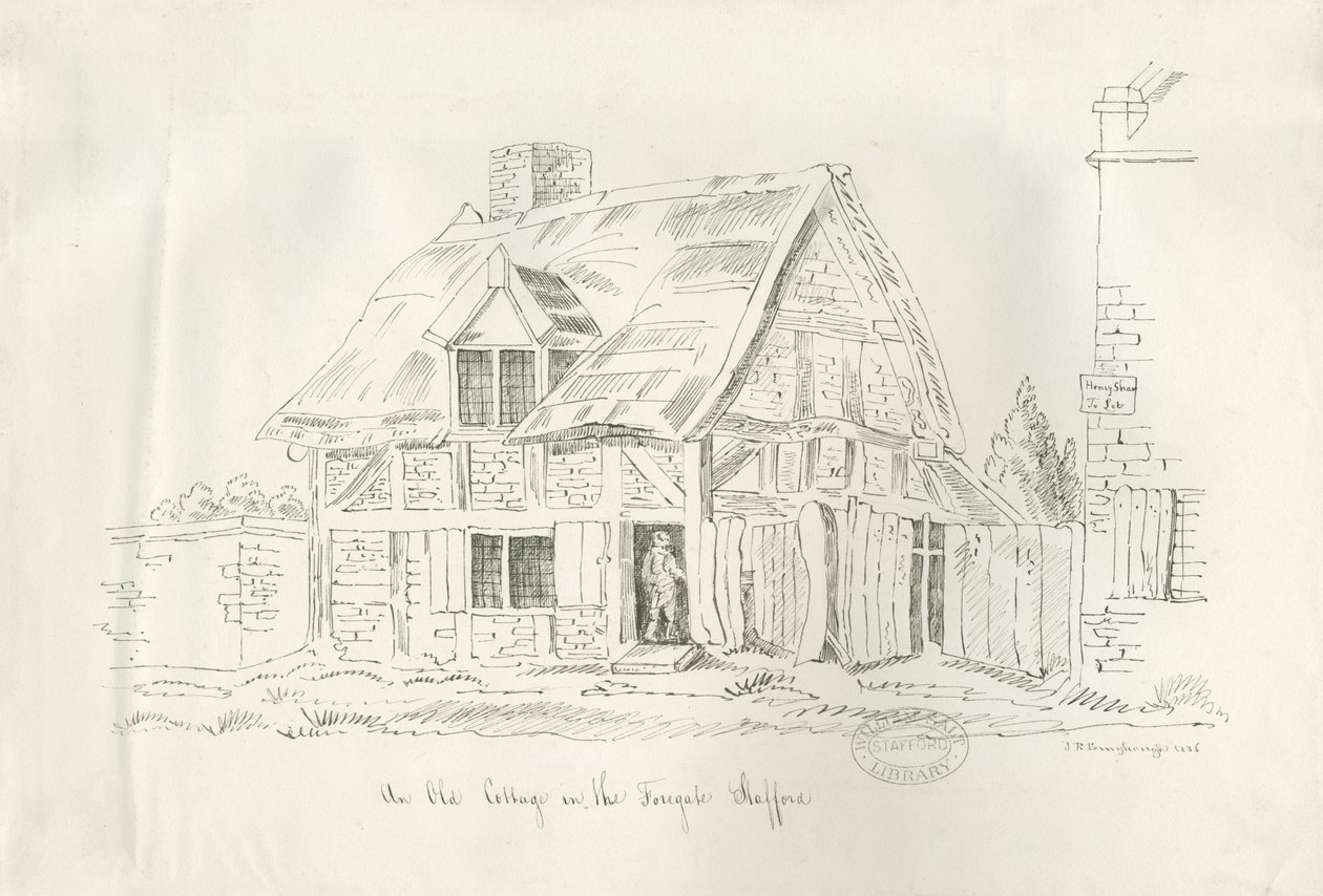 Stafford - Old Cottage in the Foregate: desenho a bico de pena de John Robert Fernyhough