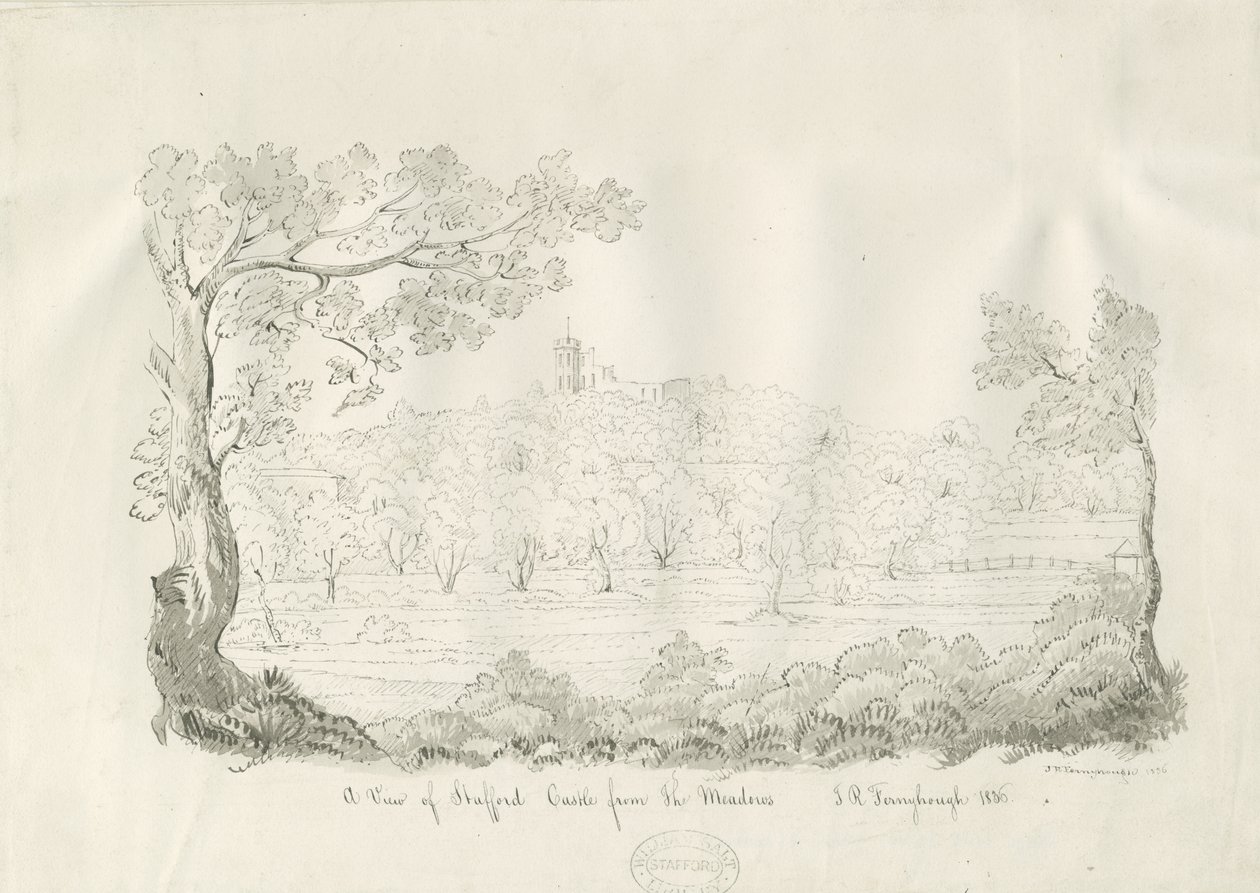 Castelo de Stafford - Vista Leste: desenho com caneta e sépia de John Robert Fernyhough