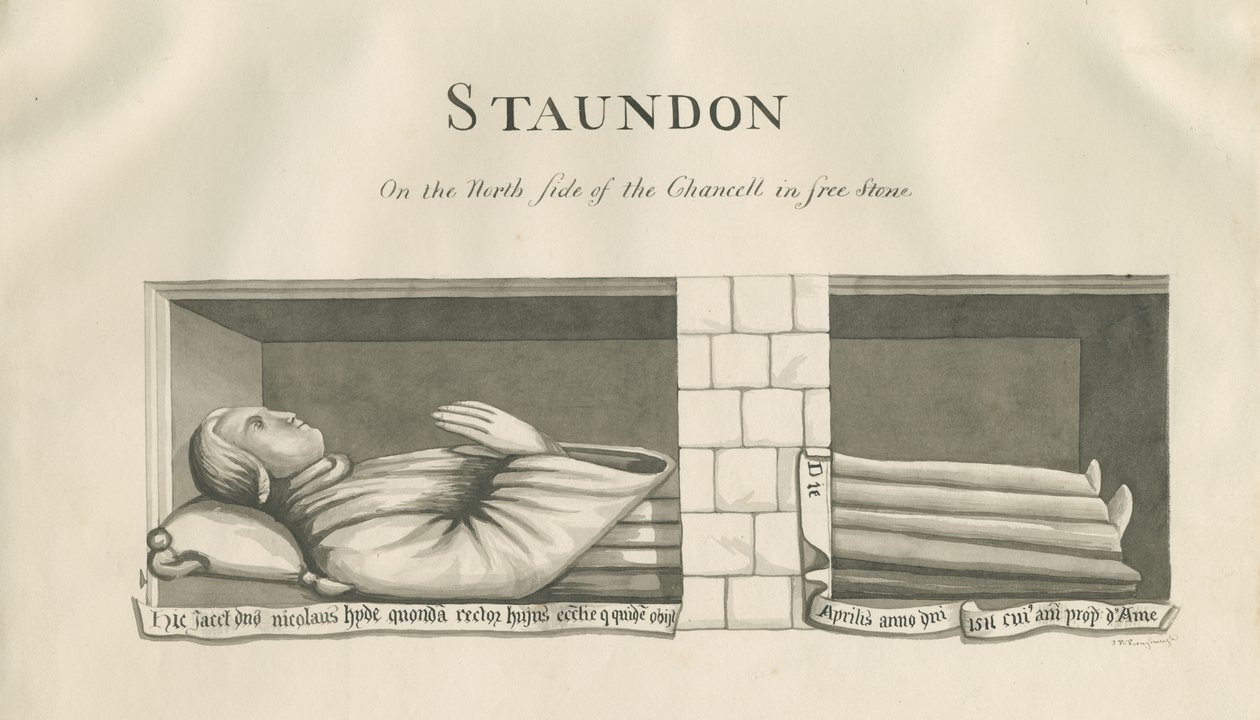 Igreja Standon - Túmulo da Muralha de Nicholas Hyde: desenho em sépia, séc. de John Robert Fernyhough