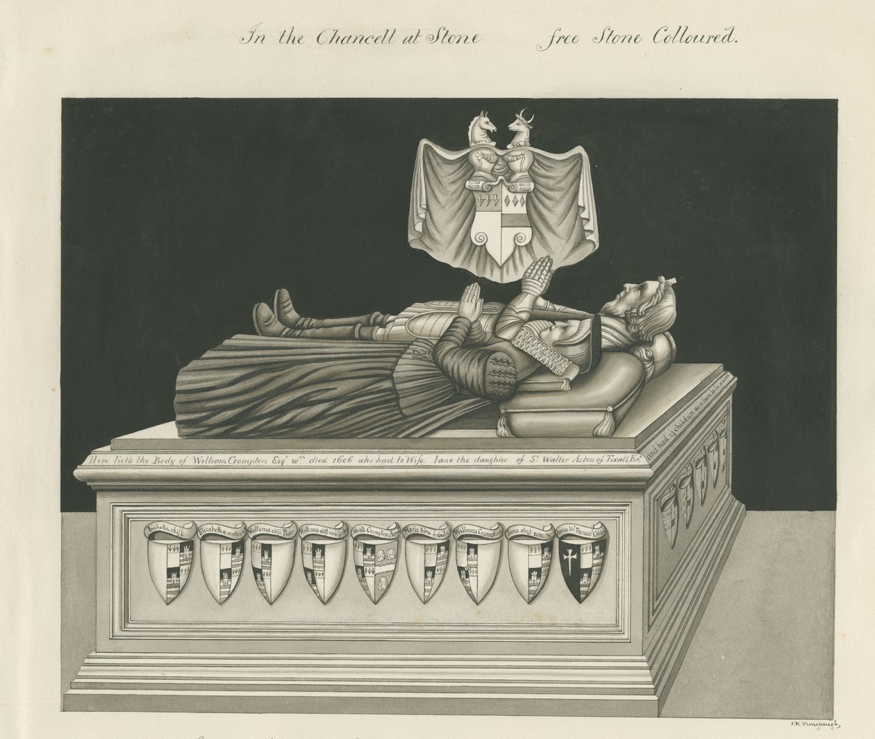 Pedra - tumba de William Crompton: desenho em sépia, séc. de John Robert Fernyhough