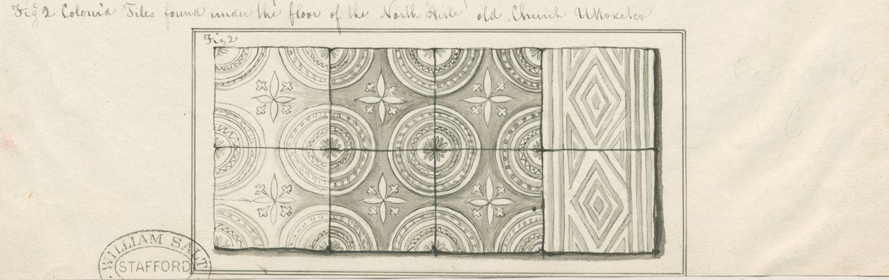 Igreja Uttoxeter - Ladrilhos coloridos encontrados sob o piso do corredor norte: desenho a caneta e lavagem, nd [ Meados do século XIX] de John Robert Fernyhough