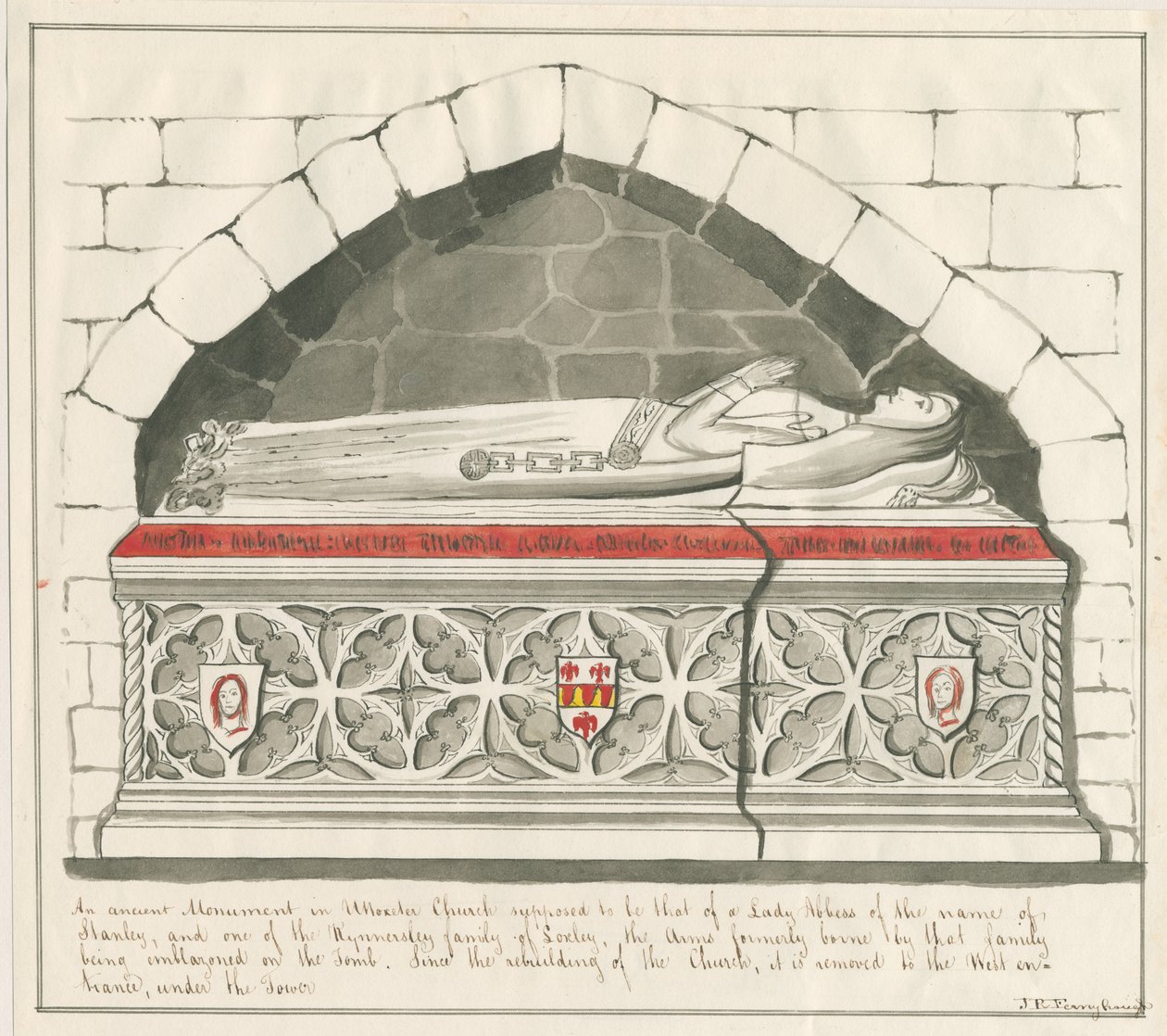 Igreja Uttoxeter - Tumba da Senhora Abadessa da Família Kynnersley: desenho de caneta e lavagem, nd [meados do século XIX] de John Robert Fernyhough