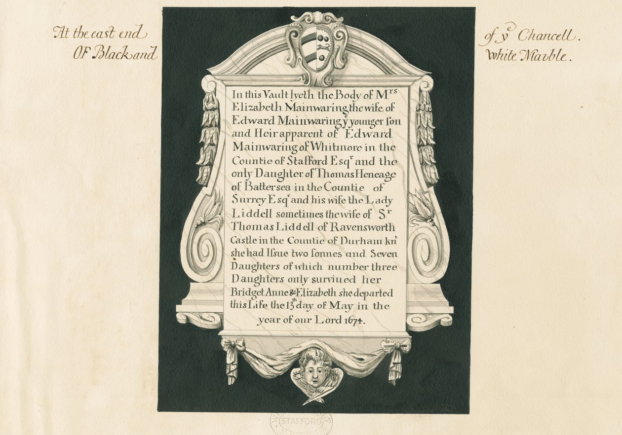 Igreja de Whitmore - Tablet para a Sra. Elizabeth Mainwaring: desenho de caneta e lavagem, séc. de John Robert Fernyhough