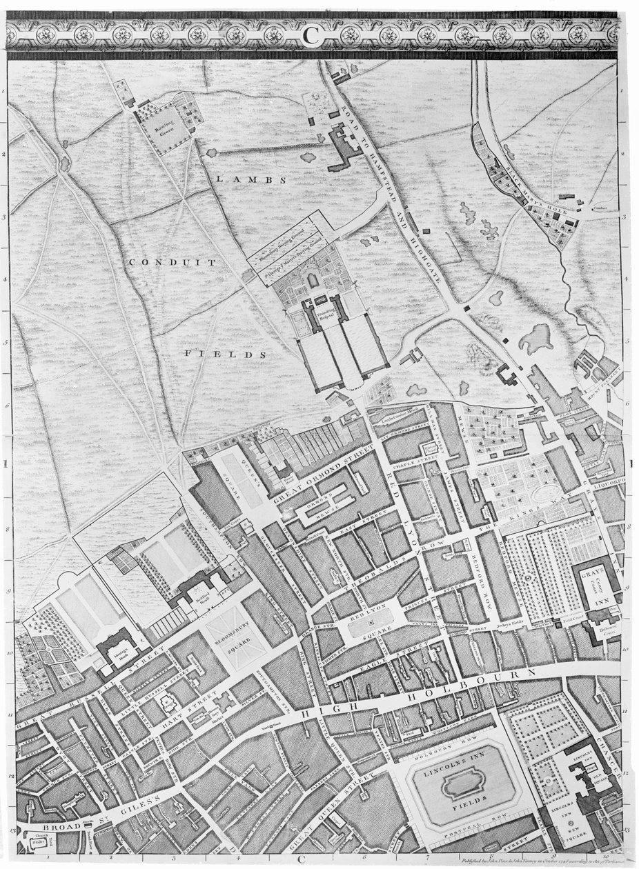 Um mapa de Bloomsbury e Holborn, Londres, 1746 de John Rocque