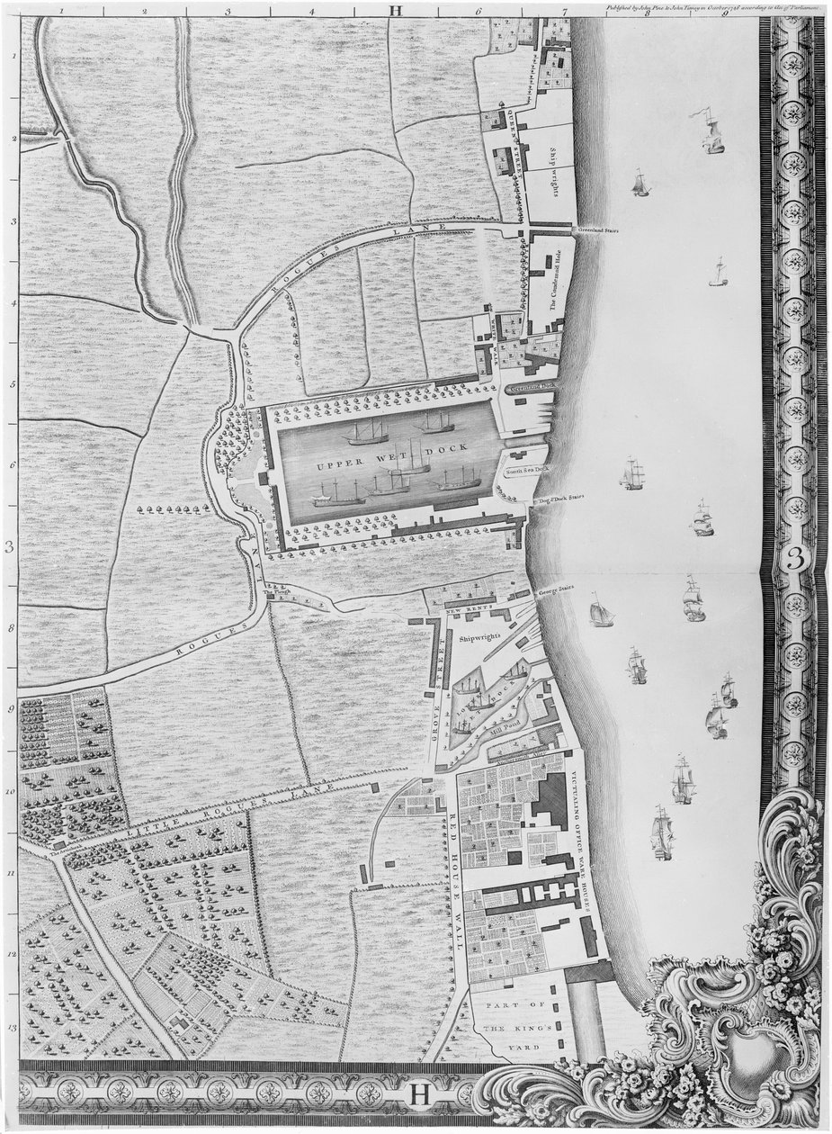 Mapa das Docas do Baixo Rotherhithe, Londres, 1746 (gravura) de John Rocque