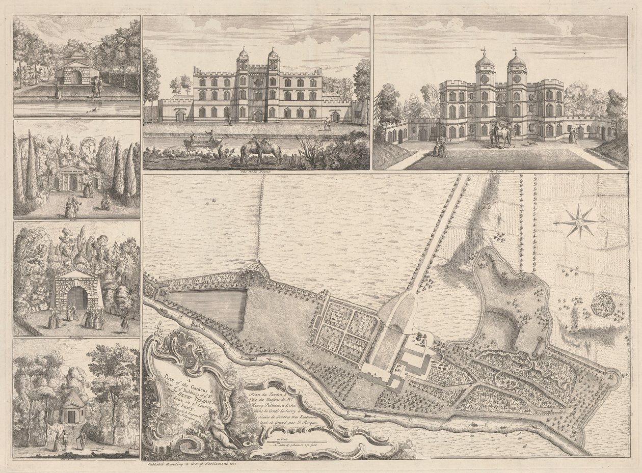 Um Plano dos Jardins e Vista dos Edifícios Ye do Honorável Henry Pelham, Esqr. em Echa, no condado de Ye, em Surrey de John Rocque