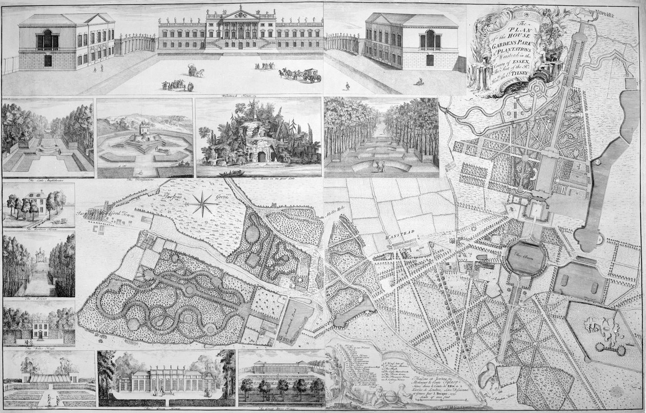 Um plano da casa, jardins, parque e plantações de Wanstead, a sede do Conde de Tylney, 1735 de John Rocque